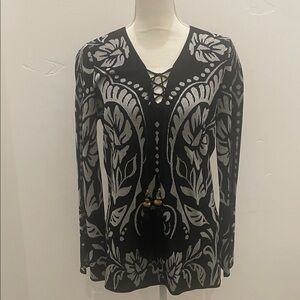 Boston Proper Silver and Black Woven Sweater.Fringed Tassels w/brasstone decor.